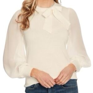 NEW CeCe Cream Mixed Media Sweater Blouse Bow Detail Sheer Balloon Sleeves